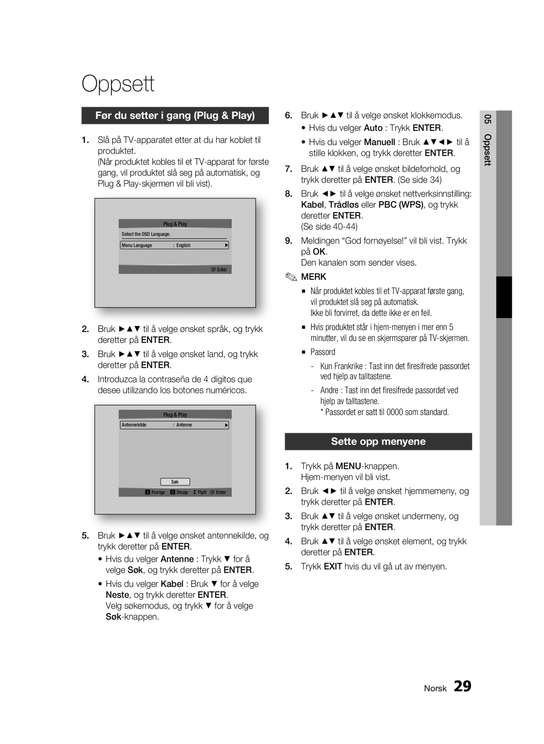 Samsung BD-C8900/XEE manual Oppsett, Før du setter i gang Plug & Play, Sette opp menyene 