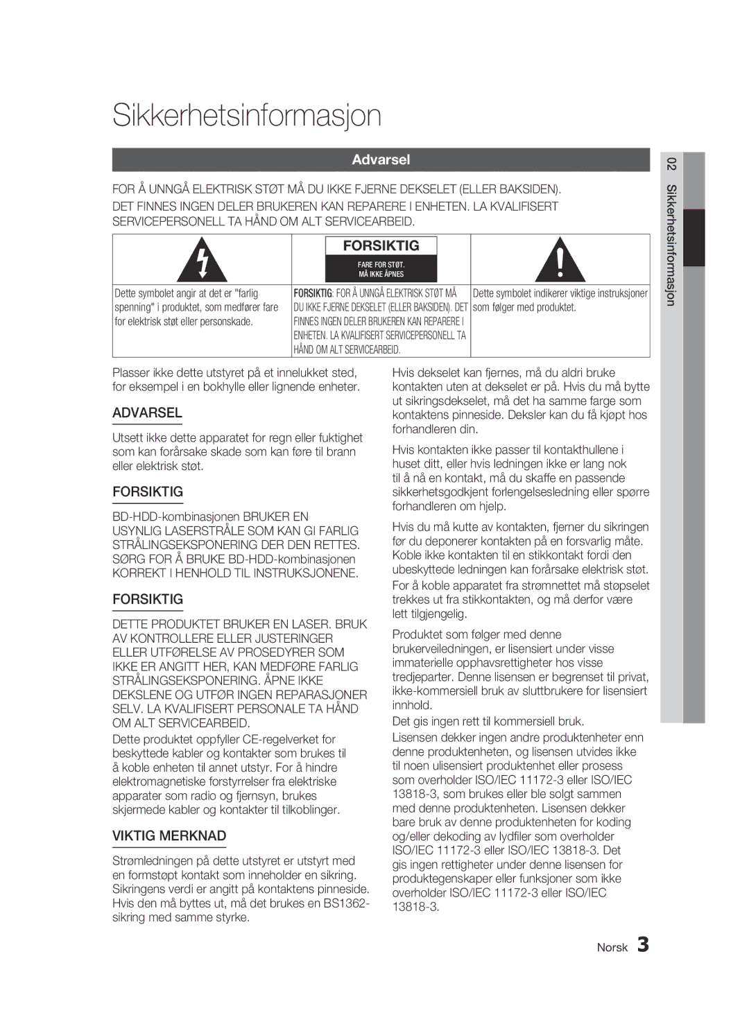 Samsung BD-C8900/XEE manual Sikkerhetsinformasjon, Korrekt I Henhold TIL Instruksjonene 