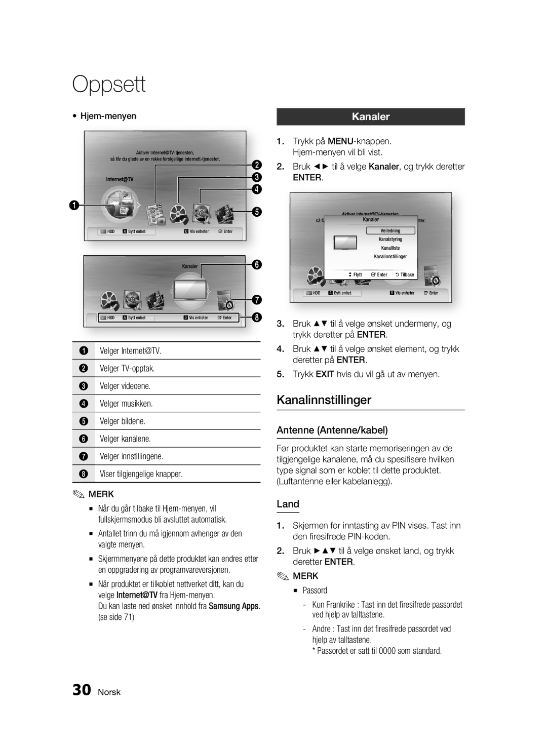 Samsung BD-C8900/XEE manual Kanalinnstillinger, Kanaler, Antenne Antenne/kabel, Land 