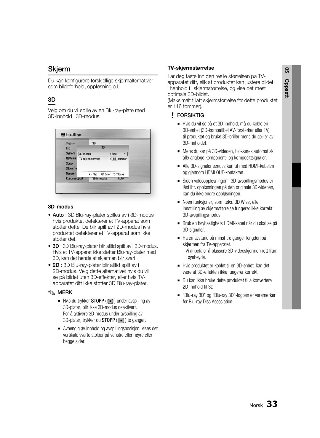 Samsung BD-C8900/XEE manual Skjerm, 3D-modus, 2D 3D Blu-ray-plater blir alltid spilt av, TV-skjermstørrelse 