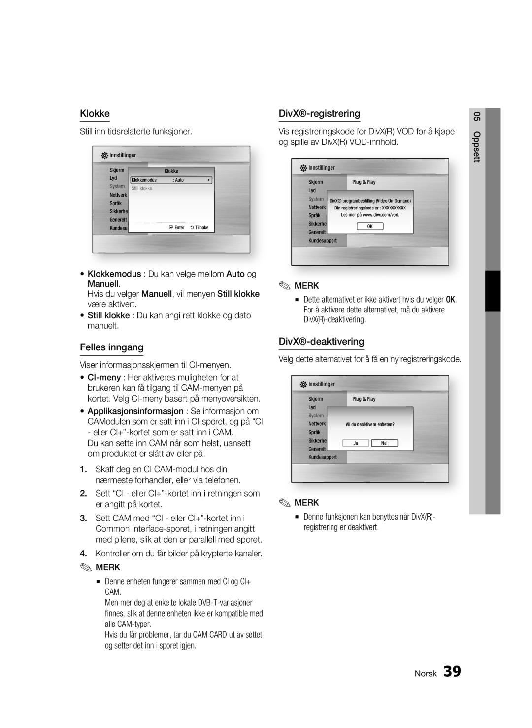 Samsung BD-C8900/XEE manual Klokke, Felles inngang, DivX-registrering, DivX-deaktivering 