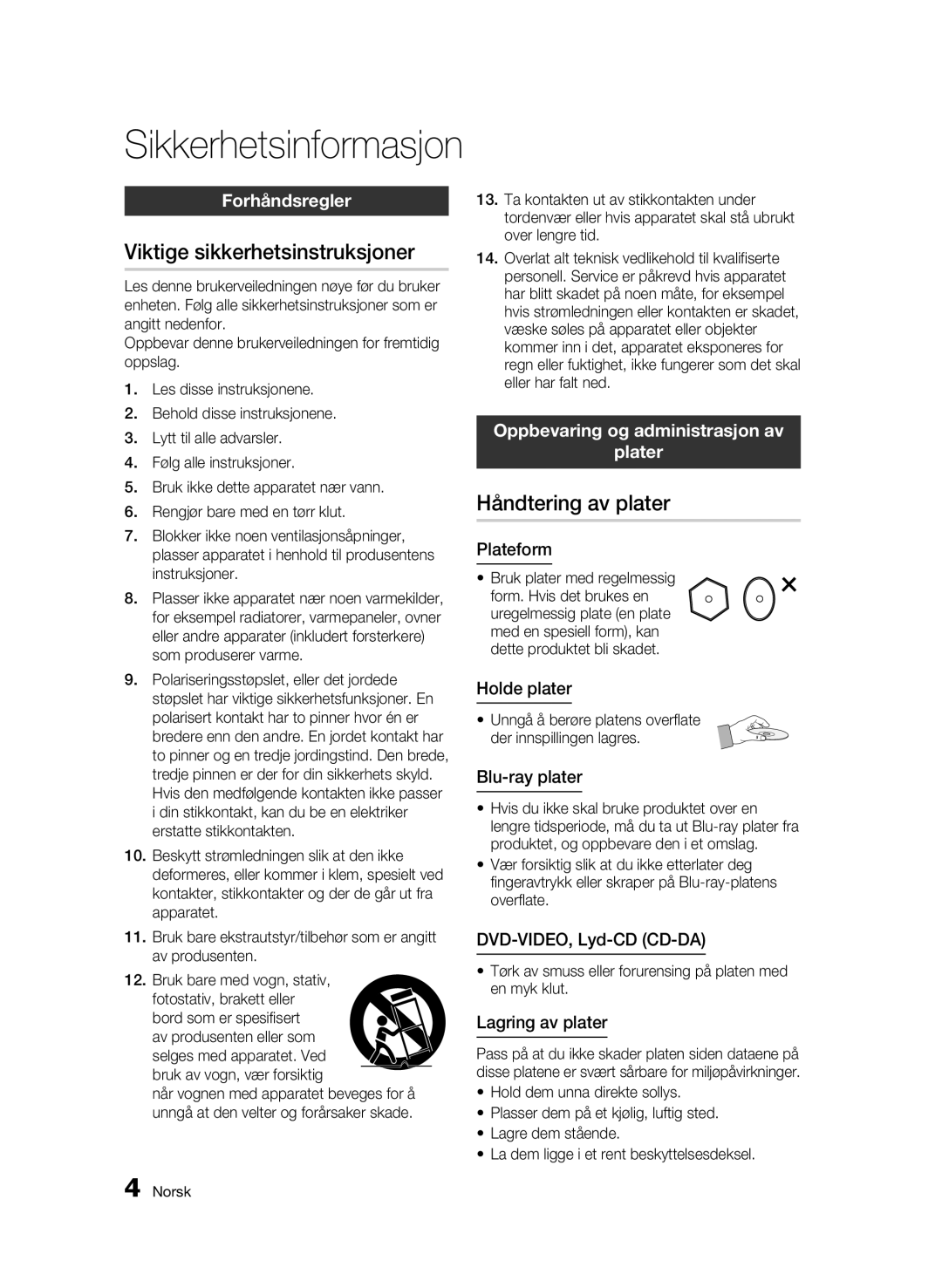 Samsung BD-C8900/XEE manual Viktige sikkerhetsinstruksjoner, Håndtering av plater, Forhåndsregler 