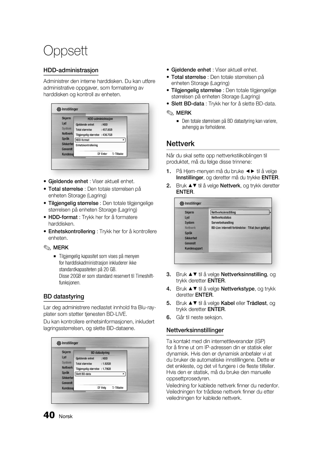 Samsung BD-C8900/XEE manual HDD-administrasjon, BD datastyring, Nettverksinnstillinger 