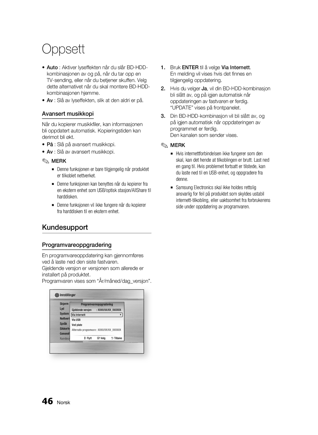 Samsung BD-C8900/XEE manual Kundesupport, Avansert musikkopi, Programvareoppgradering 