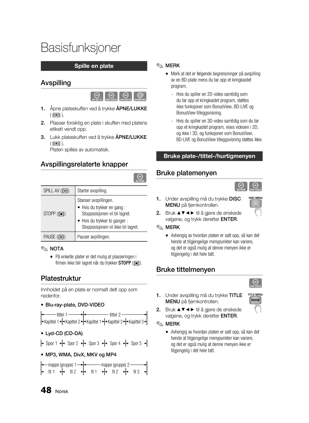 Samsung BD-C8900/XEE manual Basisfunksjoner 