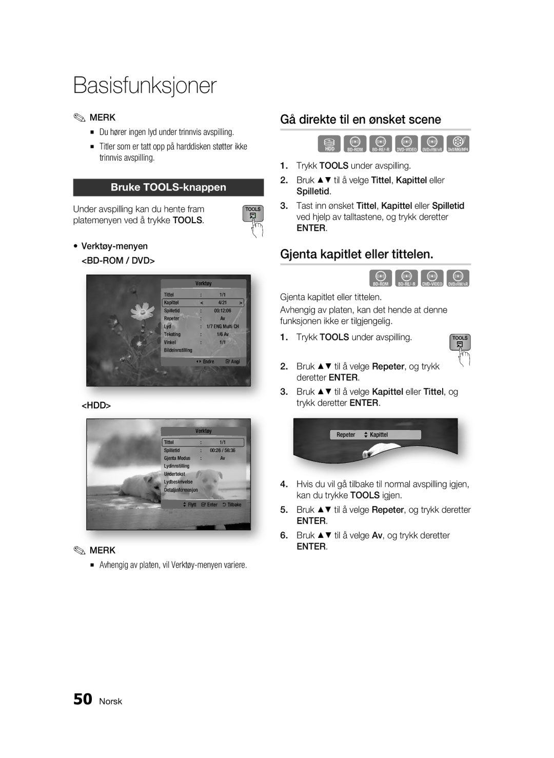 Samsung BD-C8900/XEE manual Gå direkte til en ønsket scene, Gjenta kapitlet eller tittelen, Bruke TOOLS-knappen, Hdd 