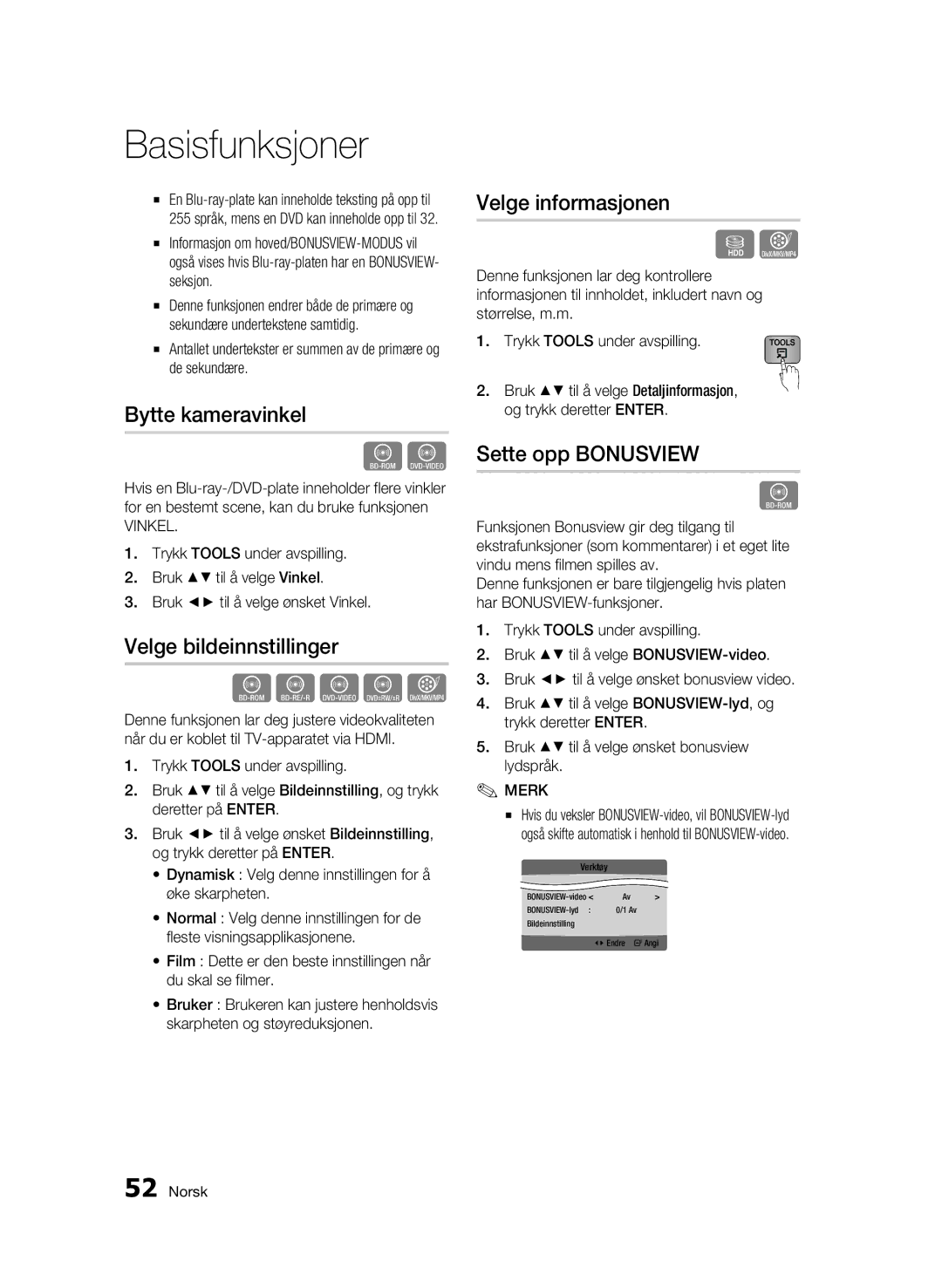 Samsung BD-C8900/XEE manual Bytte kameravinkel, Velge bildeinnstillinger, Velge informasjonen, Sette opp Bonusview, Vinkel 