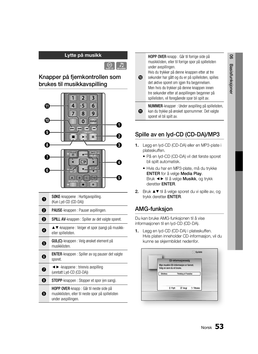 Samsung BD-C8900/XEE manual Knapper på fjernkontrollen som brukes til musikkavspilling, Spille av en lyd-CD CD-DA/MP3 