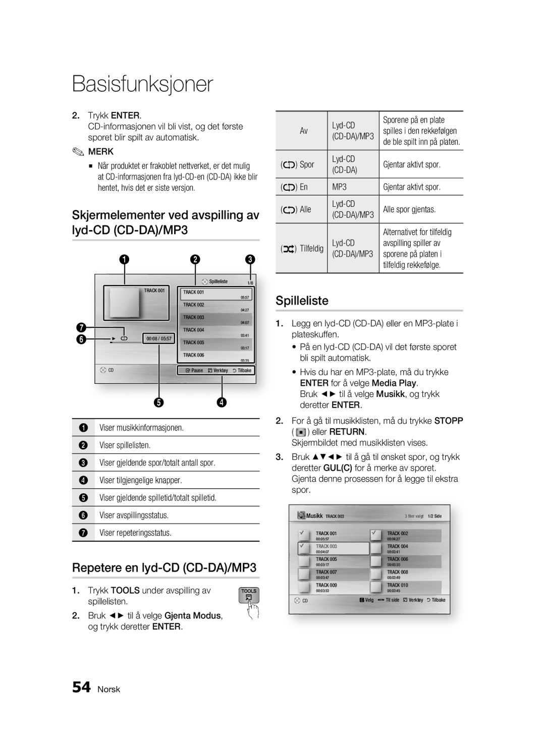 Samsung BD-C8900/XEE Skjermelementer ved avspilling av lyd-CD CD-DA/MP3, Repetere en lyd-CD CD-DA/MP3, Spilleliste, Cd-Da 