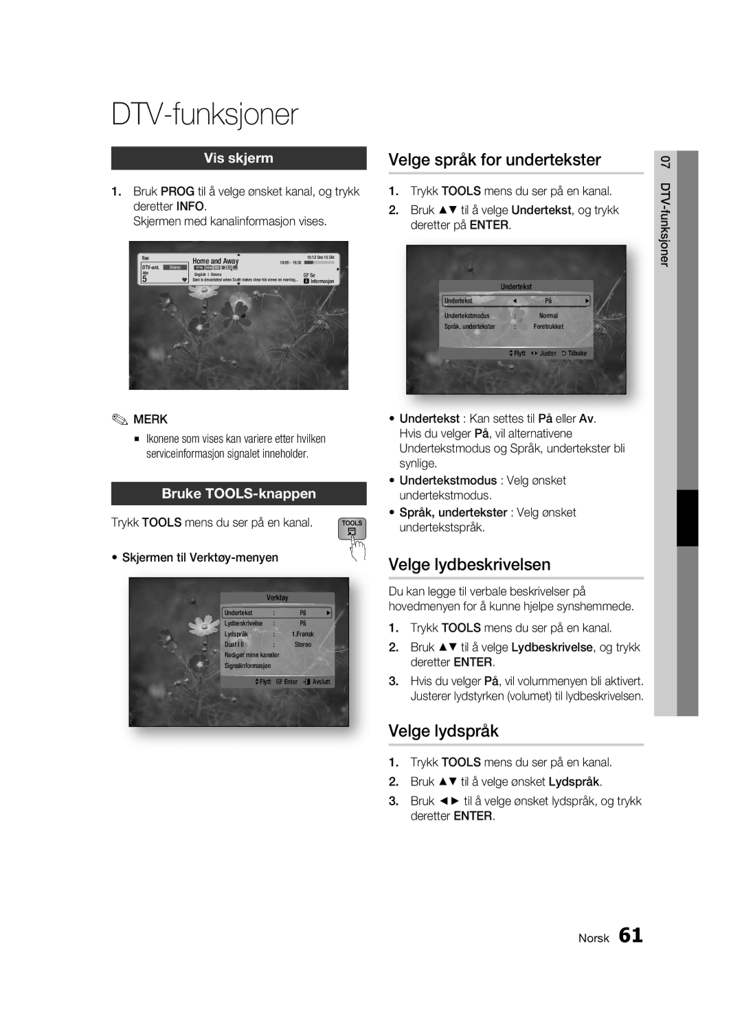 Samsung BD-C8900/XEE manual DTV-funksjoner, Velge lydbeskrivelsen, Vis skjerm, Home and Away, Undertekst 