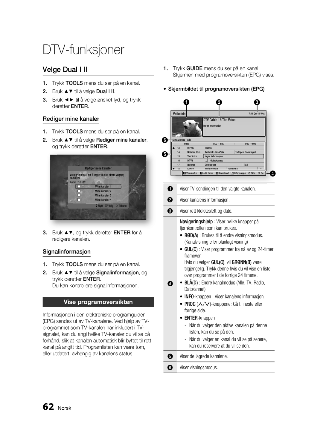 Samsung BD-C8900/XEE manual Velge Dual I, Rediger mine kanaler, Signalinformasjon, Vise programoversikten 