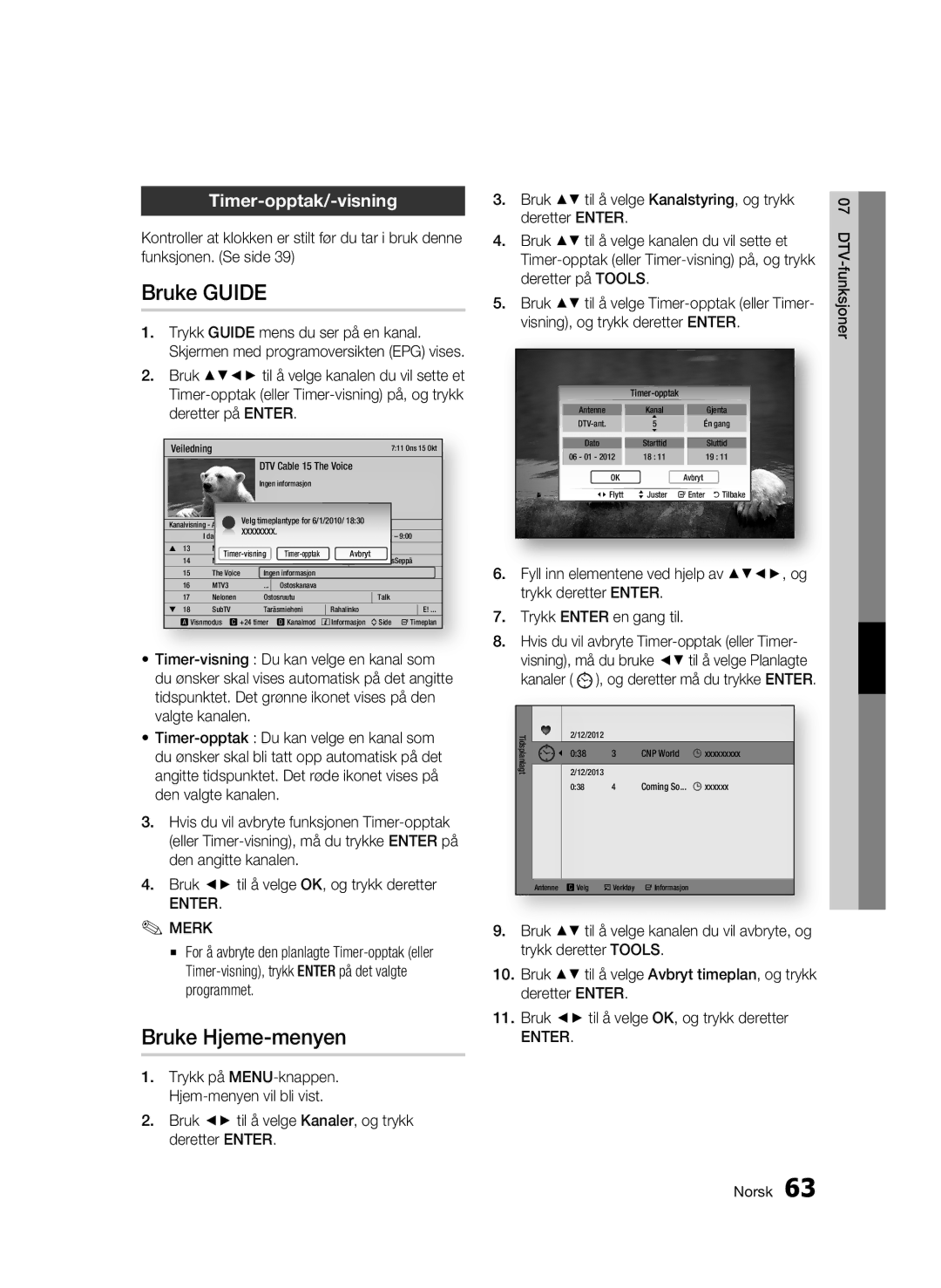 Samsung BD-C8900/XEE manual Bruke Guide, Bruke Hjeme-menyen, Timer-opptak/-visning 