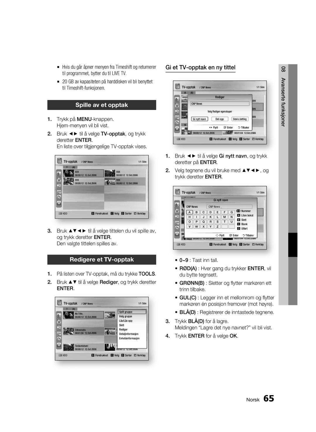 Samsung BD-C8900/XEE manual Spille av et opptak, Redigere et TV-opptak, Gi et TV-opptak en ny tittel 