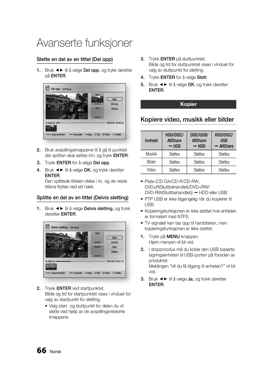 Samsung BD-C8900/XEE manual Kopiere video, musikk eller bilder, Slette en del av en tittel Del opp, Usb Hdd 