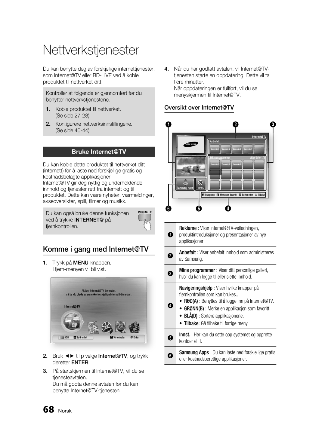 Samsung BD-C8900/XEE manual Nettverkstjenester, Komme i gang med Internet@TV, Bruke Internet@TV, Oversikt over Internet@TV 