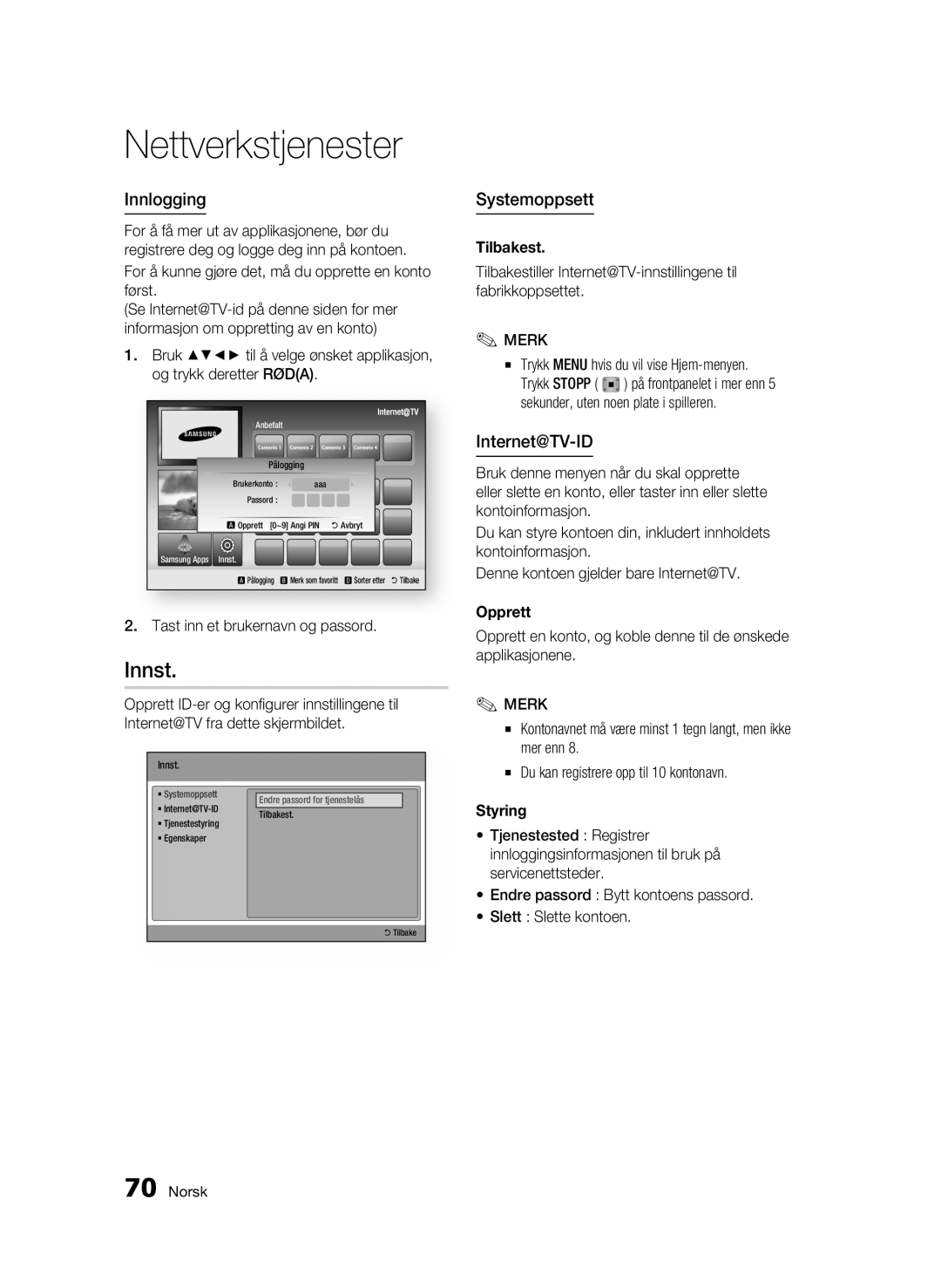 Samsung BD-C8900/XEE manual Innst, Innlogging, Systemoppsett, Internet@TV-ID 