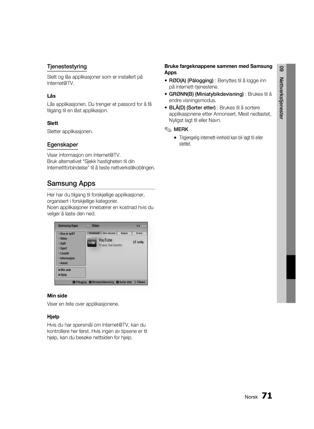 Samsung BD-C8900/XEE manual Samsung Apps, Tjenestestyring, Egenskaper 