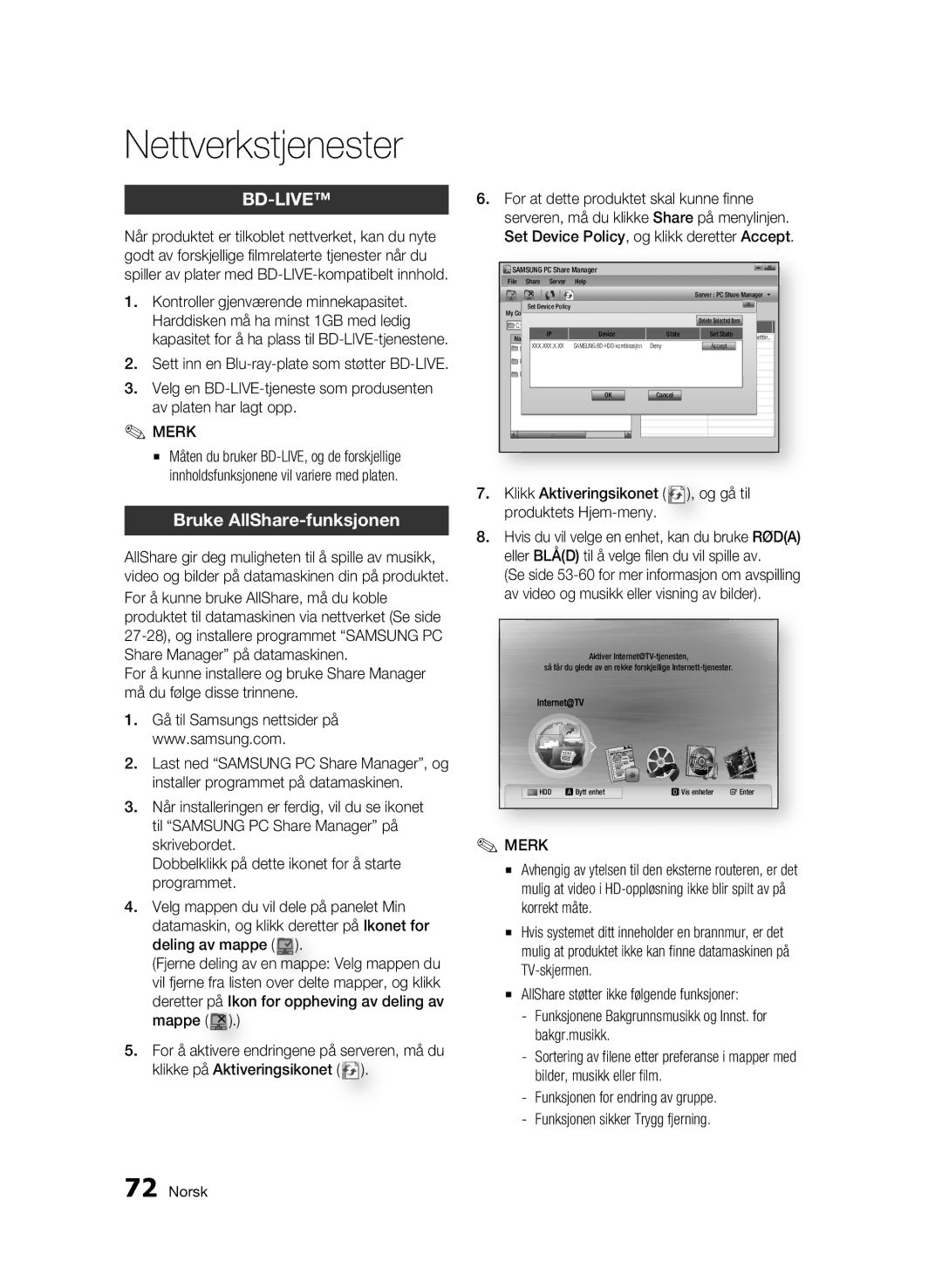 Samsung BD-C8900/XEE manual Bruke AllShare-funksjonen, Klikk Aktiveringsikonet , og gå til produktets Hjem-meny 