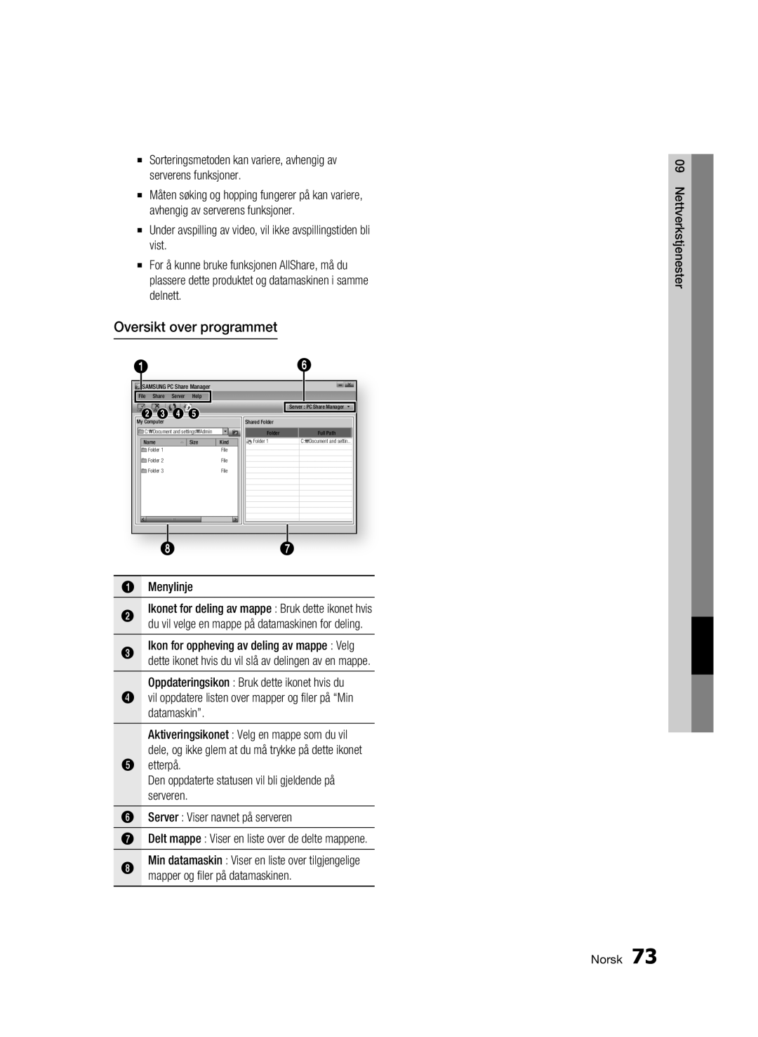 Samsung BD-C8900/XEE manual Oversikt over programmet, Menylinje Ikonet for deling av mappe Bruk dette ikonet hvis 