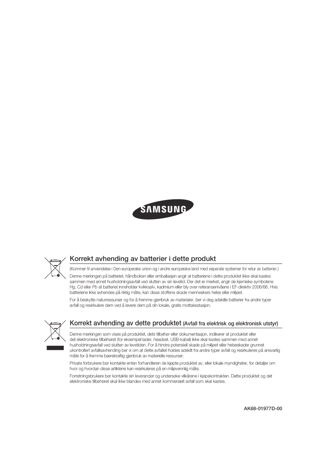 Samsung BD-C8900/XEE manual Korrekt avhending av batterier i dette produkt 