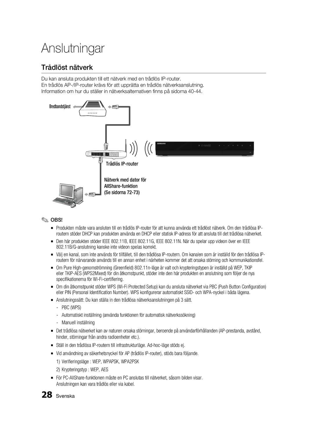 Samsung BD-C8900/XEE manual Trådlöst nätverk, Pbc Wps 