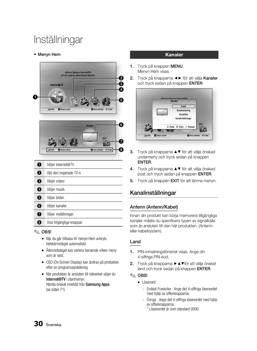 Samsung BD-C8900/XEE manual Kanalinställningar, Kanaler, Antenn Antenn/Kabel, Land 