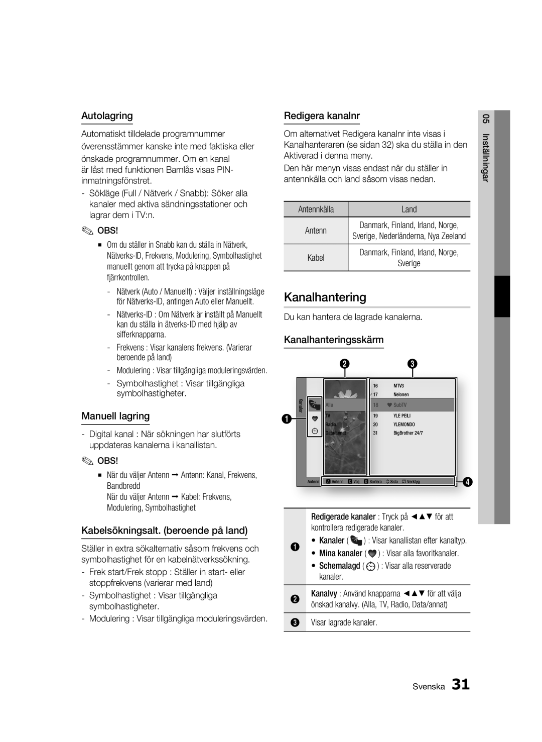 Samsung BD-C8900/XEE Kanalhantering, Autolagring, Manuell lagring, Kabelsökningsalt. beroende på land, Redigera kanalnr 