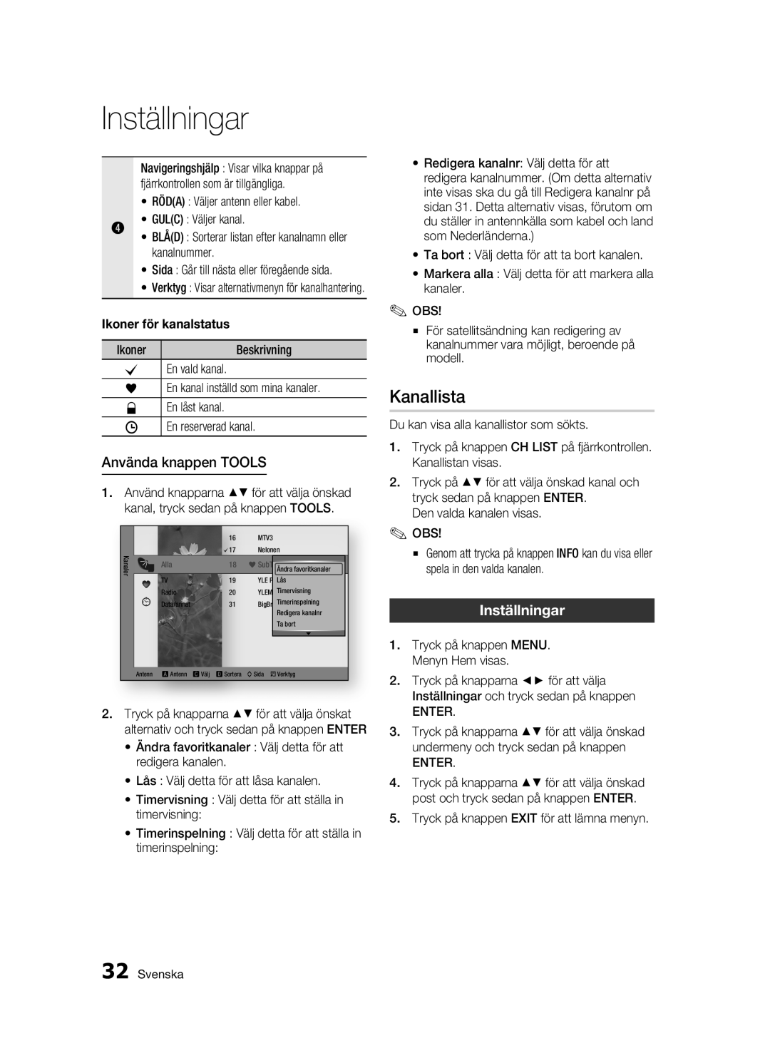 Samsung BD-C8900/XEE manual Kanallista, Använda knappen Tools, Inställningar, Ikoner för kanalstatus 