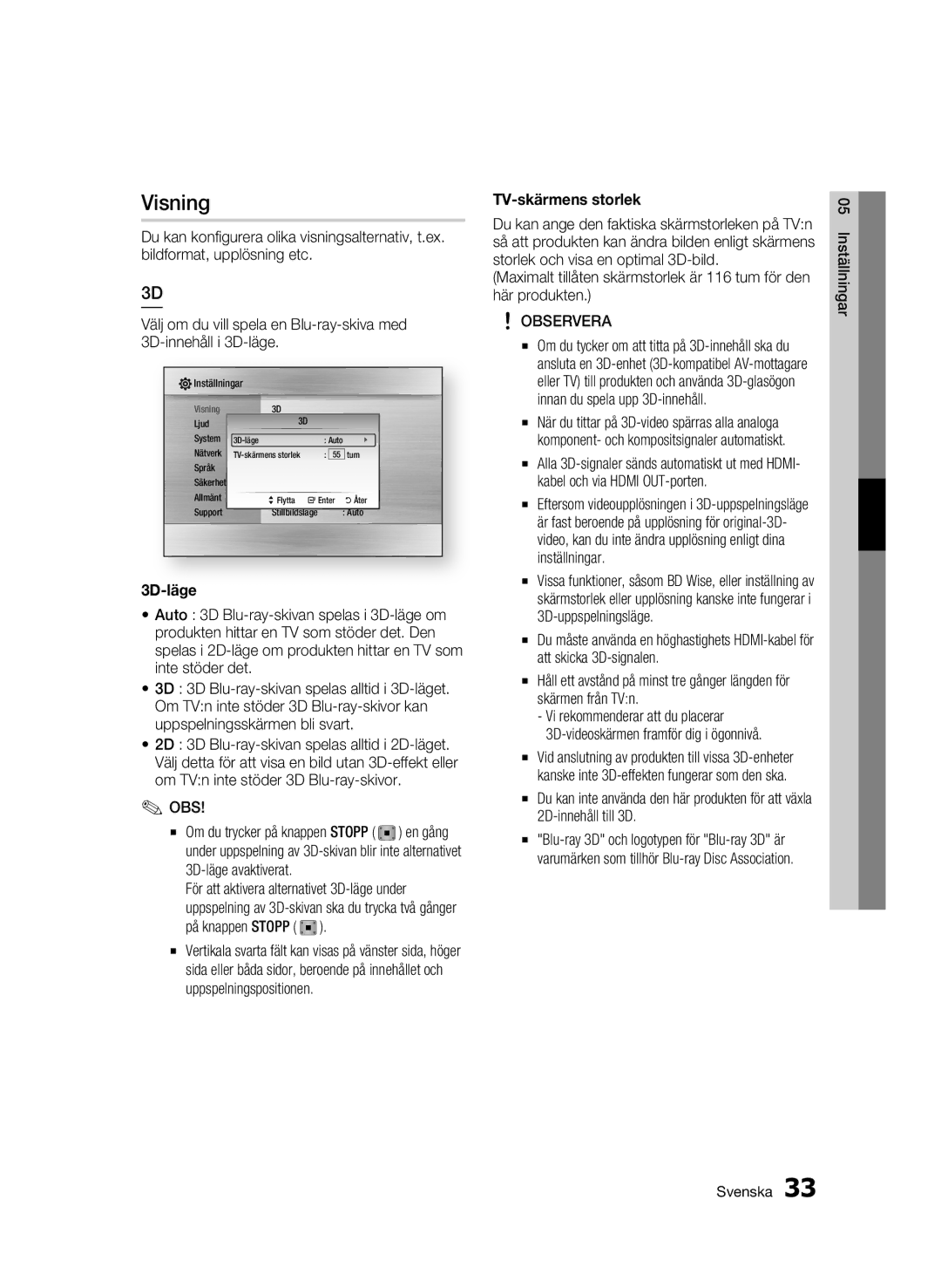 Samsung BD-C8900/XEE manual Visning, TV-skärmens storlek, En gång, För att aktivera alternativet 3D-läge under 