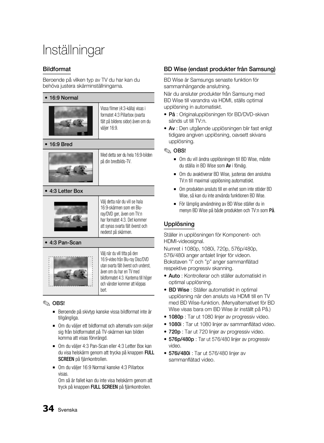 Samsung BD-C8900/XEE manual Bildformat, BD Wise endast produkter från Samsung, Upplösning 