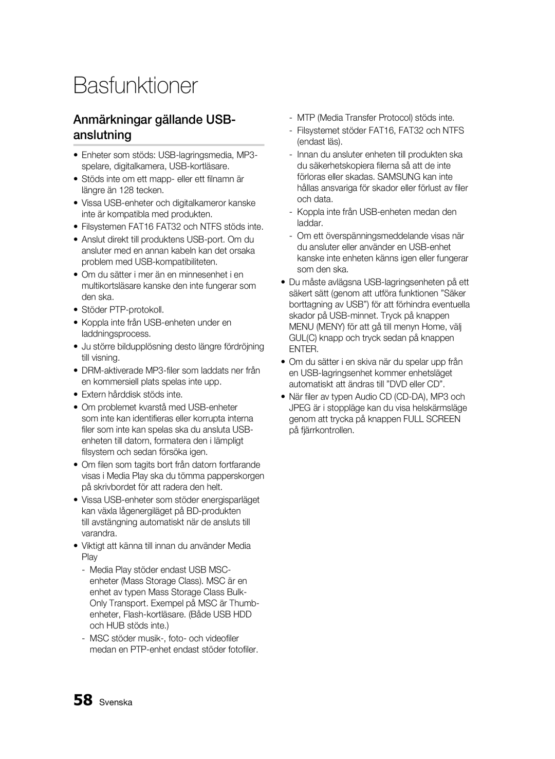 Samsung BD-C8900/XEE manual Anmärkningar gällande USB- anslutning, Enter 