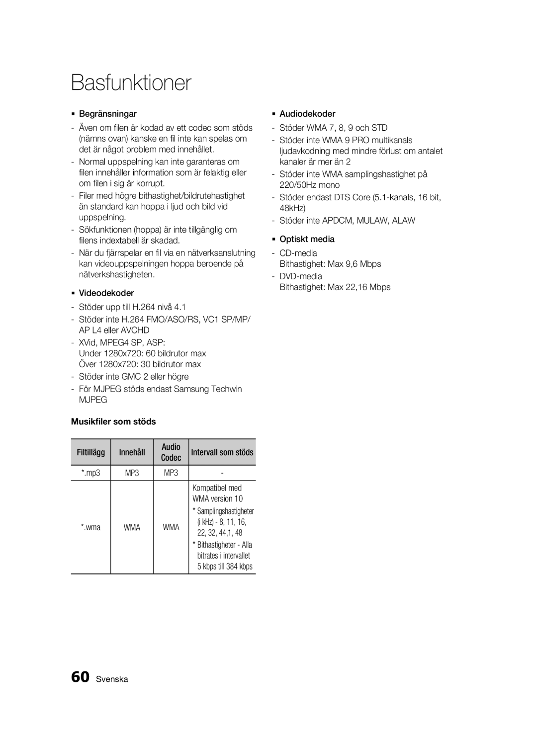 Samsung BD-C8900/XEE manual  Begränsningar, Mjpeg, Musikfiler som stöds, Kompatibel med 