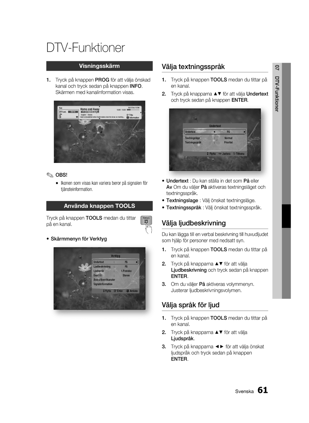 Samsung BD-C8900/XEE manual DTV-Funktioner, Välja ljudbeskrivning, Visningsskärm, Home and Away 