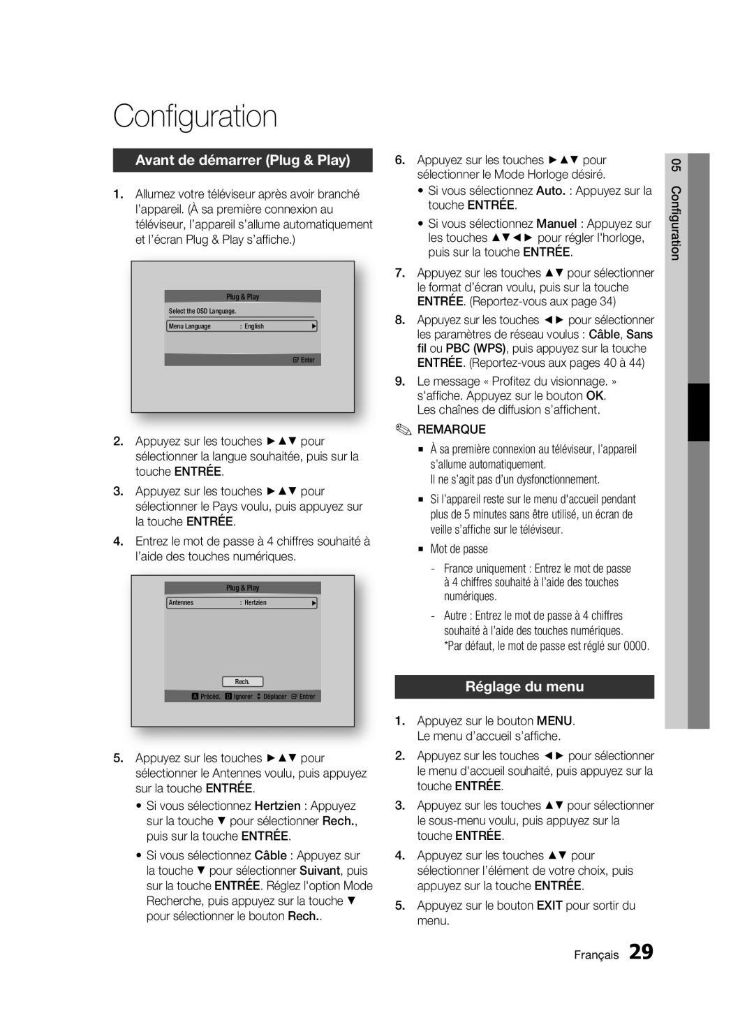 Samsung BD-C8900/XEF manual Configuration, Avant de démarrer Plug & Play, Réglage du menu, Mot de passe 