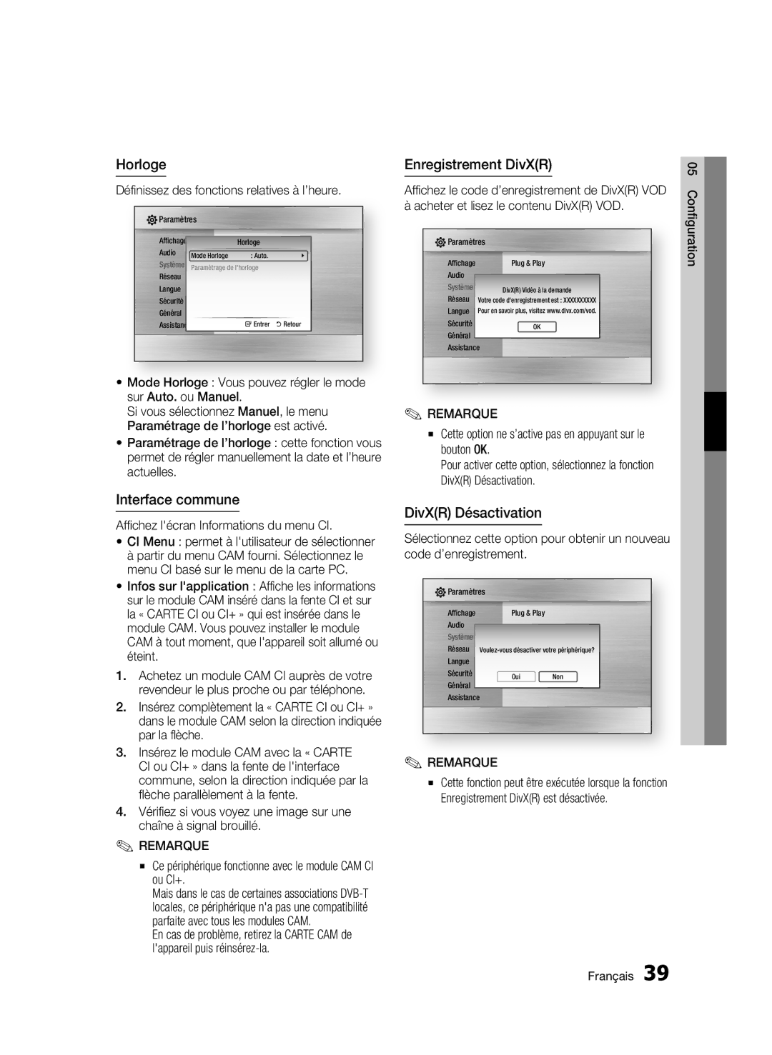 Samsung BD-C8900/XEF manual Horloge, Interface commune, Enregistrement DivXR, DivXR Désactivation 