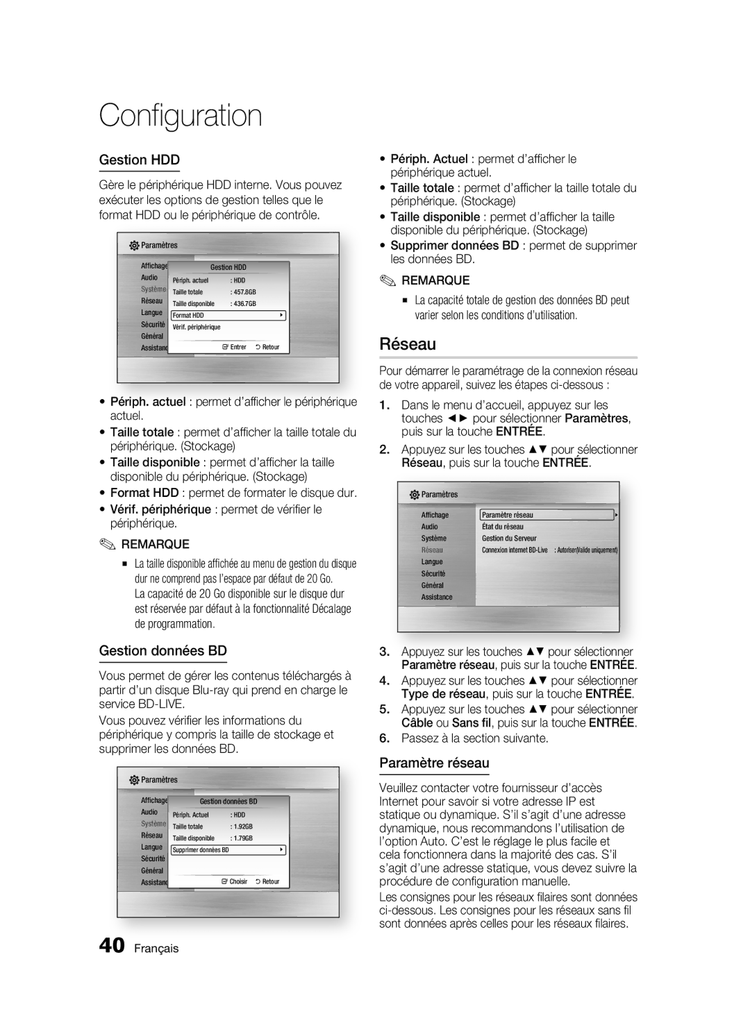 Samsung BD-C8900/XEF manual Réseau, Gestion HDD, Gestion données BD, Paramètre réseau 