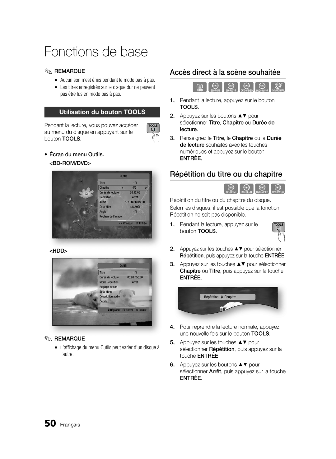 Samsung BD-C8900/XEF Accès direct à la scène souhaitée, Répétition du titre ou du chapitre, Utilisation du bouton Tools 