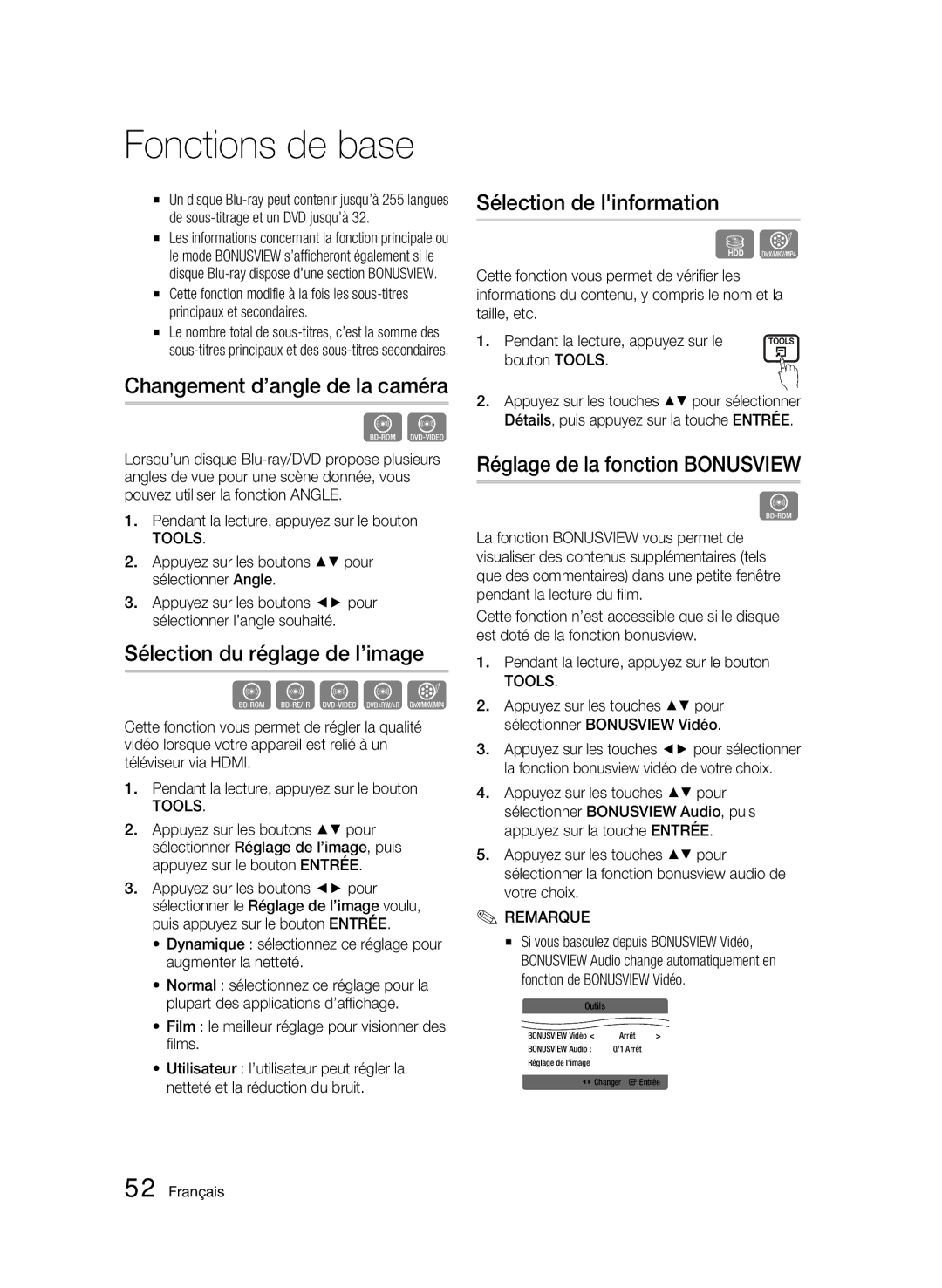 Samsung BD-C8900/XEF manual Changement d’angle de la caméra, Sélection du réglage de l’image, Sélection de linformation 