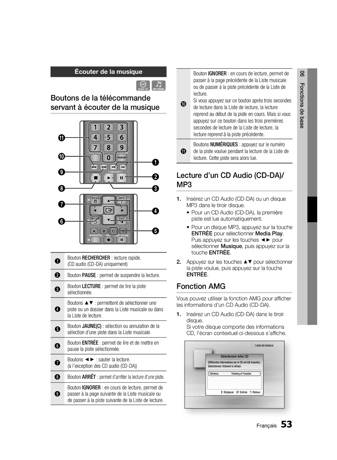 Samsung BD-C8900/XEF manual Boutons de la télécommande servant à écouter de la musique, Lecture d’un CD Audio CD-DA/ MP3 