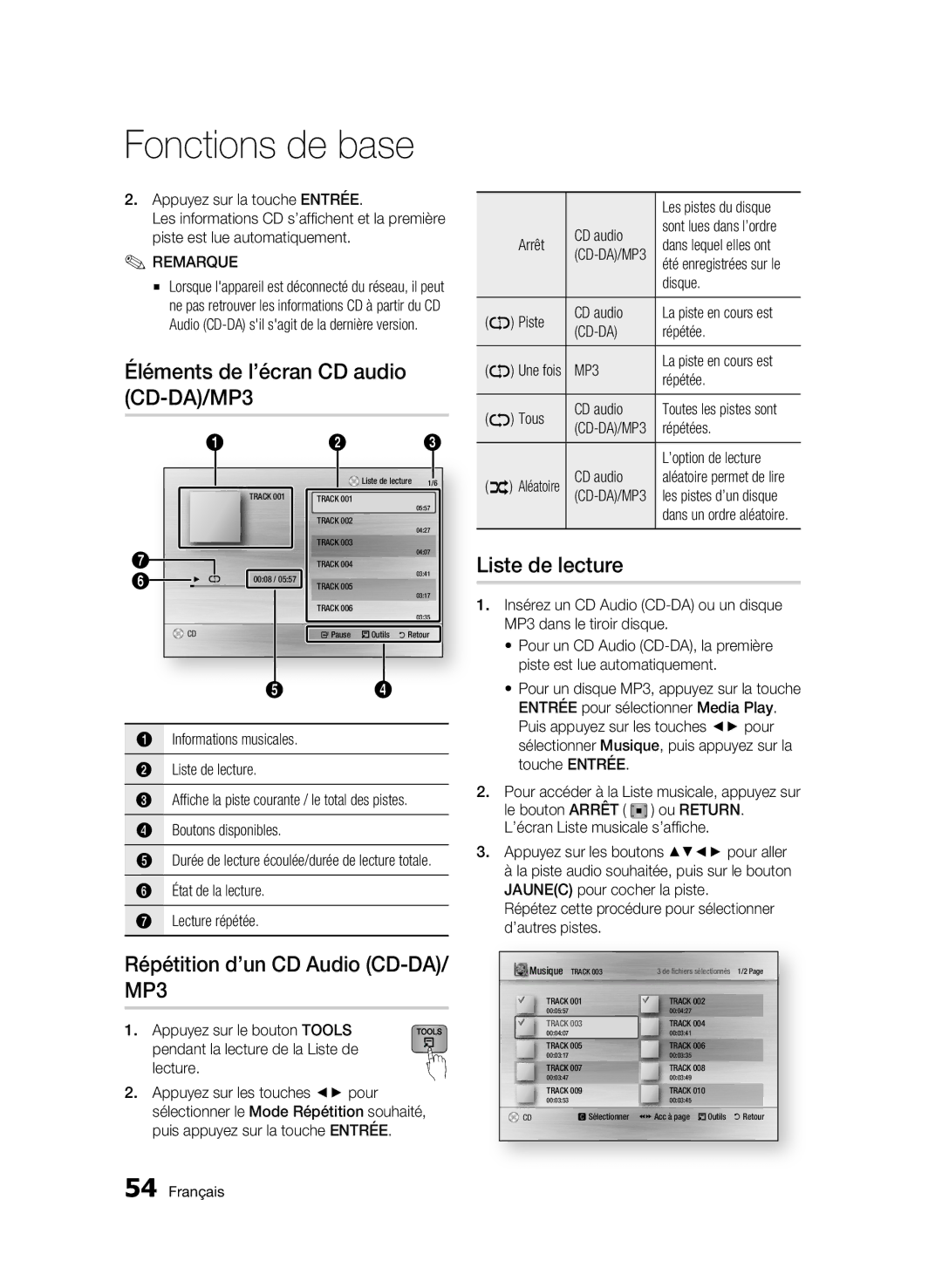 Samsung BD-C8900/XEF Éléments de l’écran CD audio CD-DA/MP3, Répétition d’un CD Audio CD-DA/ MP3, Liste de lecture, Cd-Da 