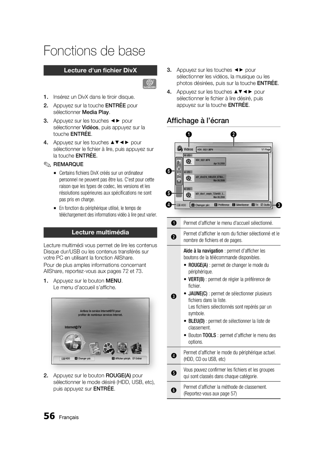 Samsung BD-C8900/XEF Affichage à l’écran, Lecture dun fichier DivX, Lecture multimédia, Nombre de fichiers et de pages 