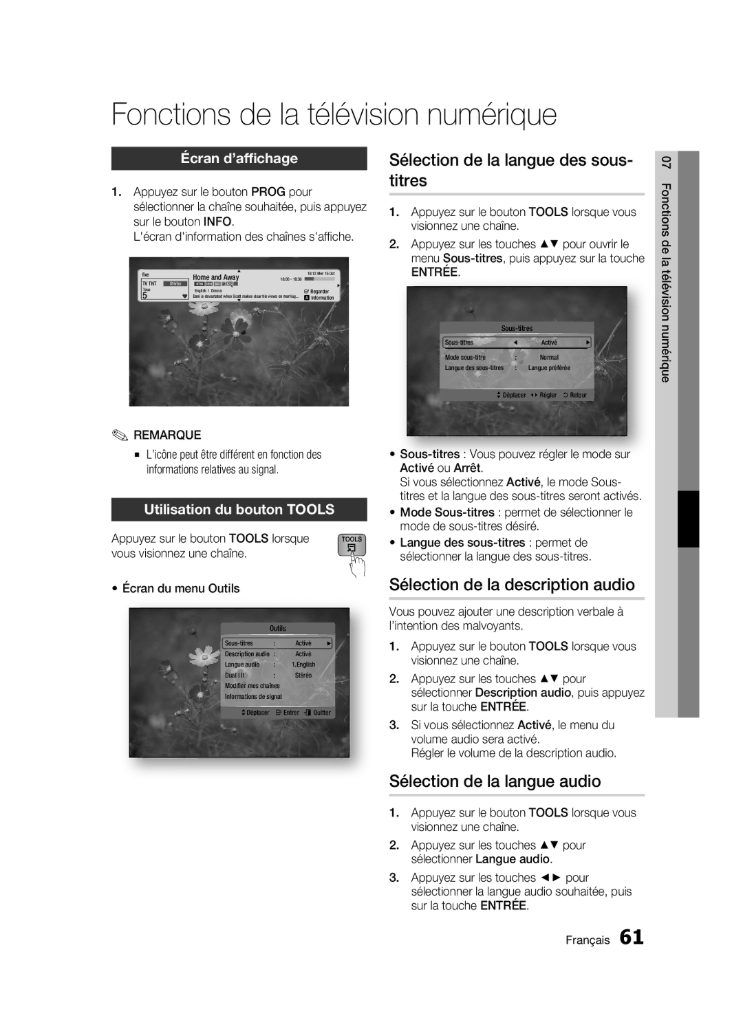 Samsung BD-C8900/XEF Fonctions de la télévision numérique, Sélection de la langue des sous- titres, Écran d’affichage 