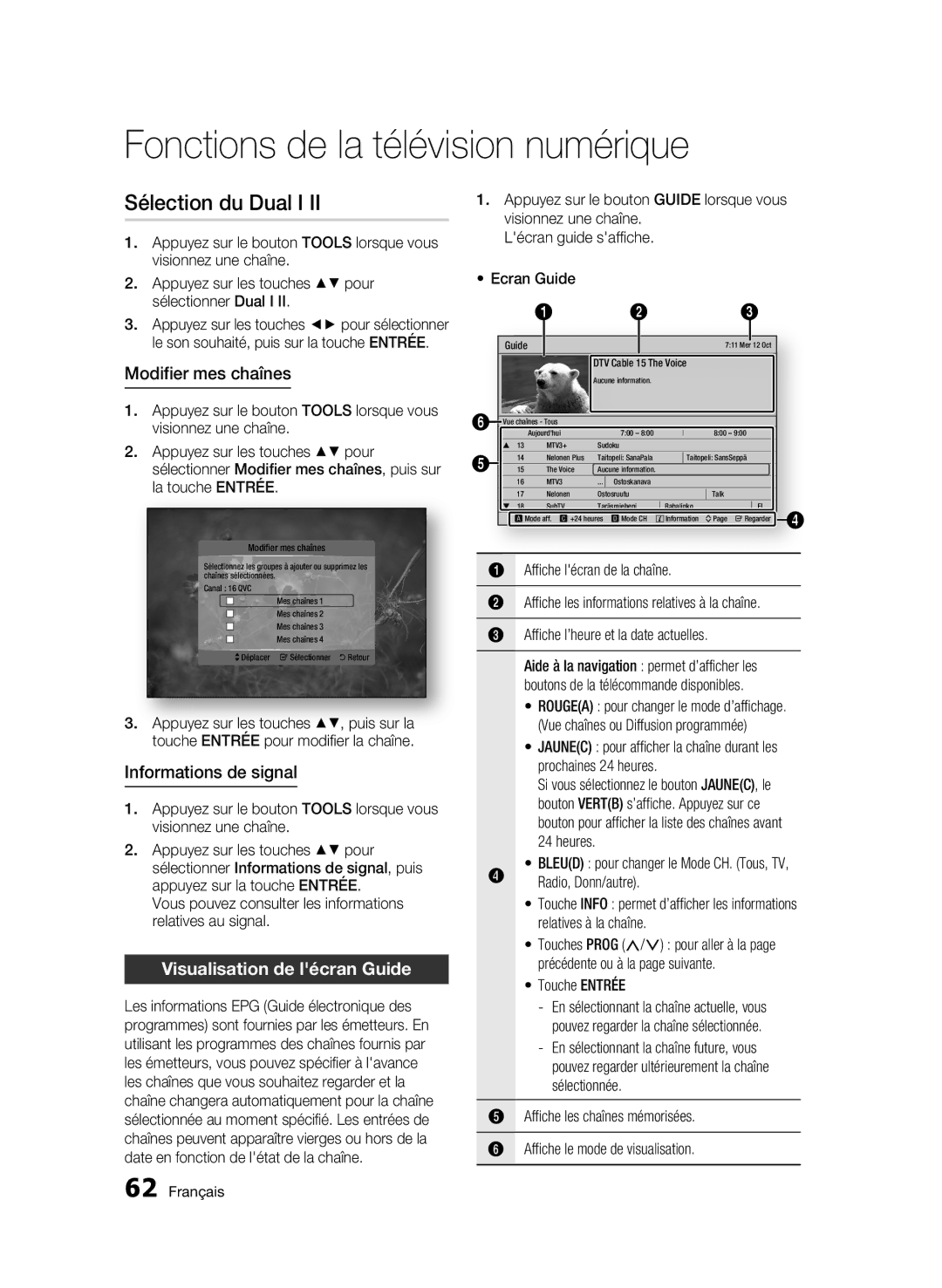 Samsung BD-C8900/XEF Sélection du Dual I, Modifier mes chaînes, Informations de signal, Visualisation de lécran Guide 