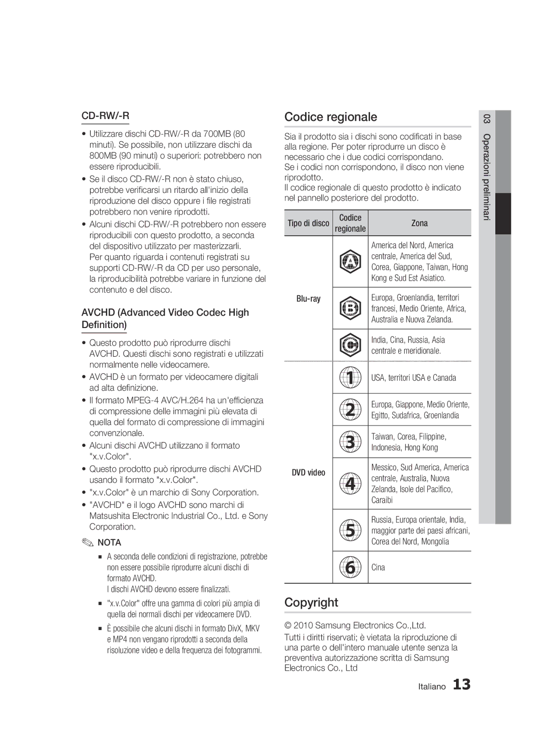 Samsung BD-C8900/XEF manual Codice regionale, Avchd Advanced Video Codec High Definition 