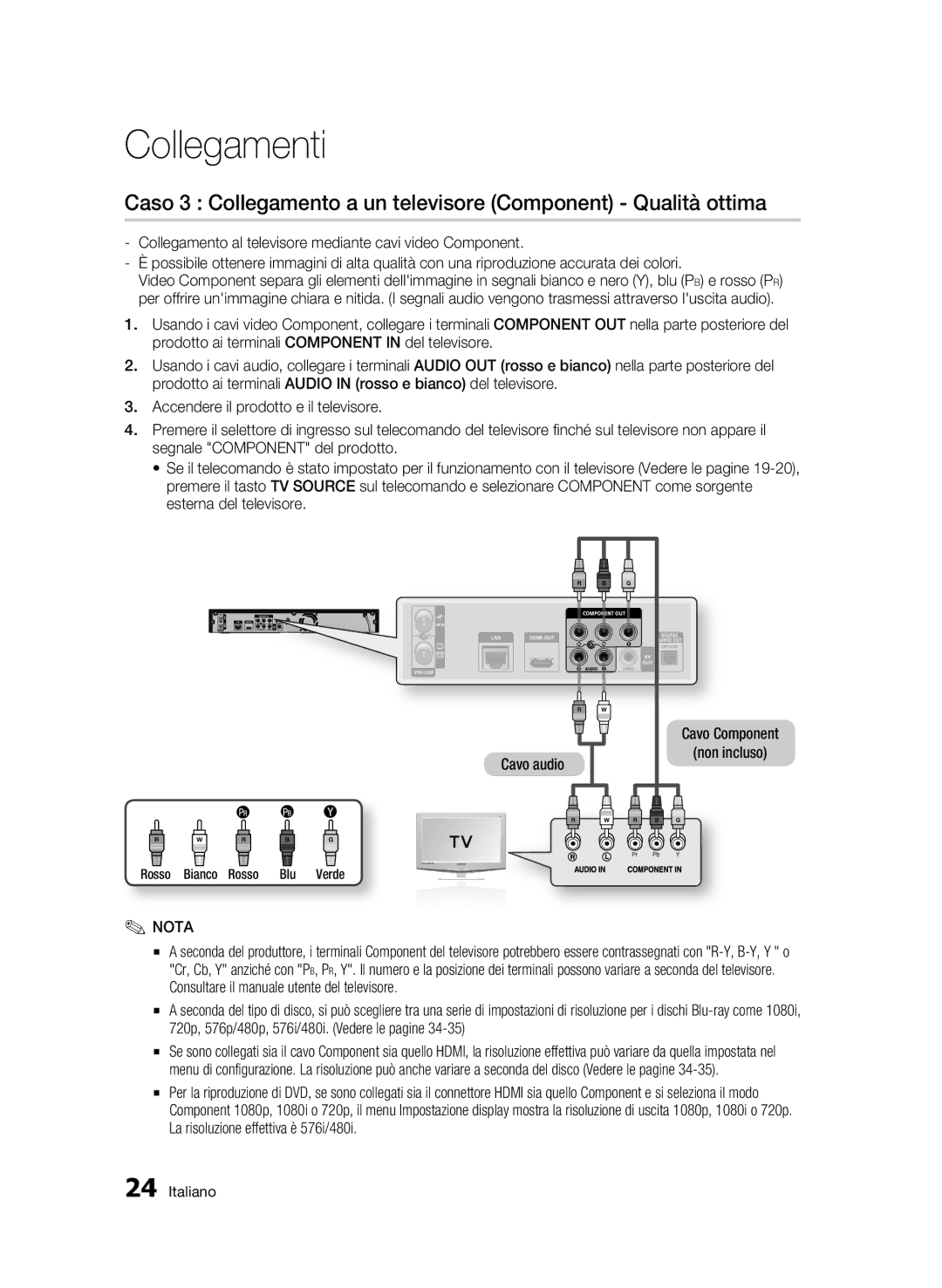 Samsung BD-C8900/XEF manual Caso 3 Collegamento a un televisore Component Qualità ottima, Rosso Bianco Rosso Bl u Verde 