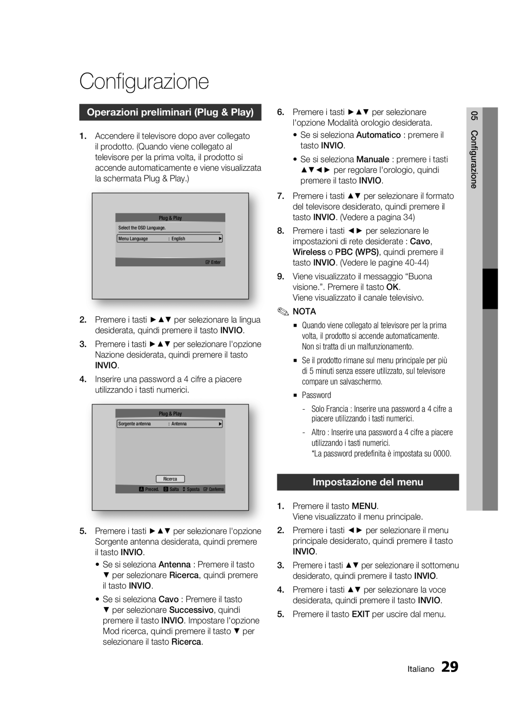 Samsung BD-C8900/XEF manual Configurazione, Operazioni preliminari Plug & Play, Impostazione del menu, Invio 