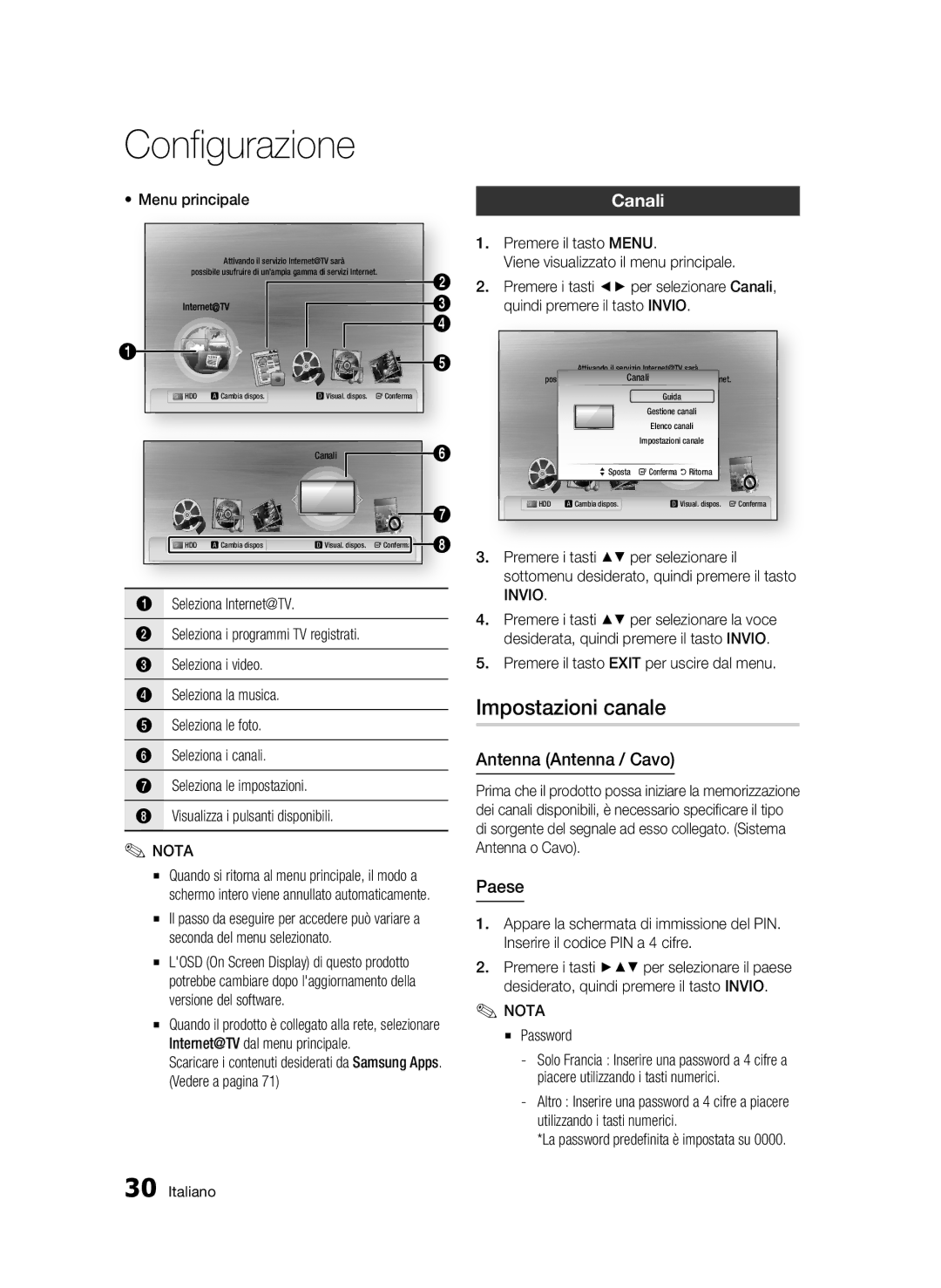 Samsung BD-C8900/XEF manual Impostazioni canale, Canali, Antenna Antenna / Cavo, Paese 