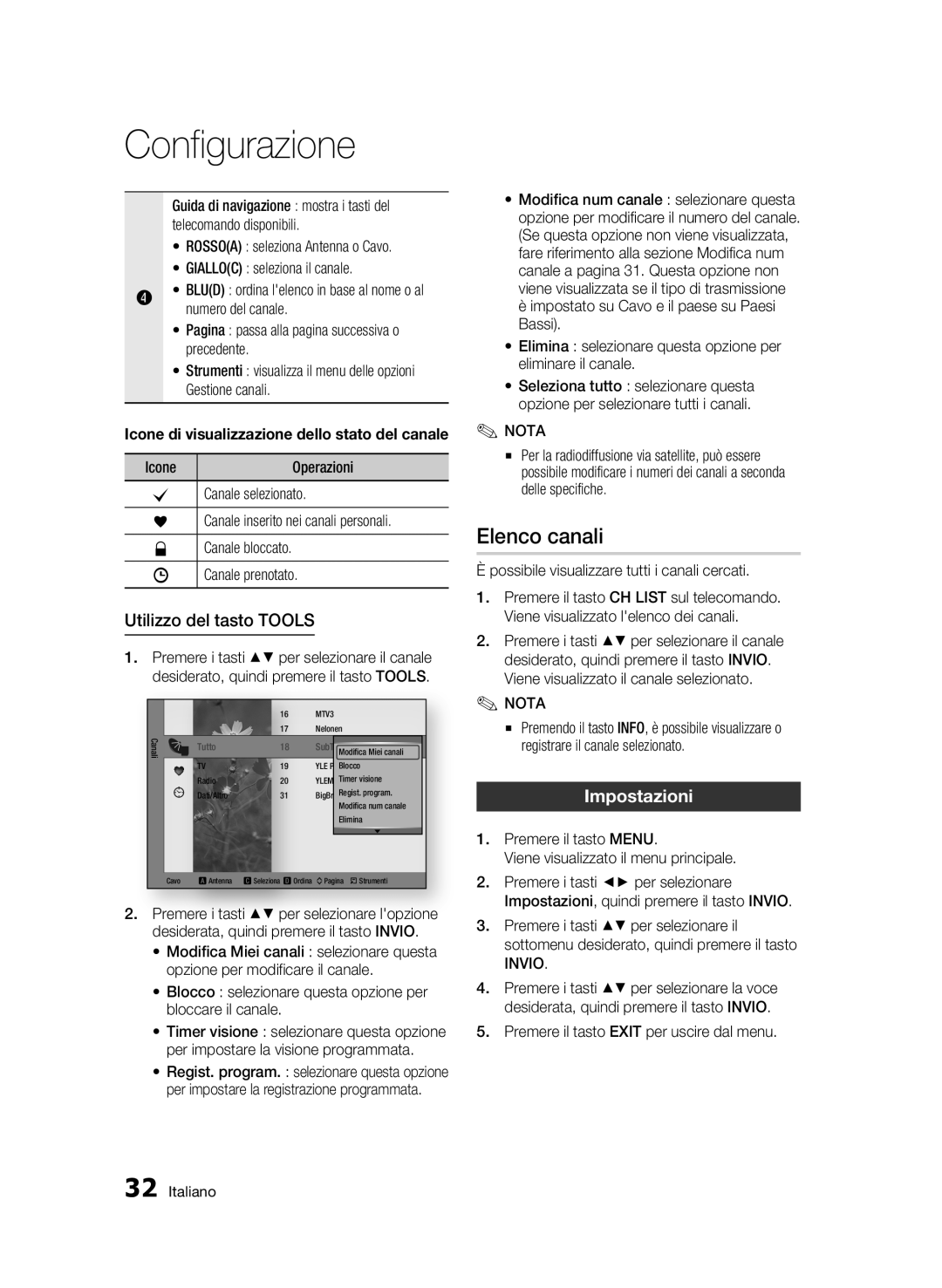 Samsung BD-C8900/XEF manual Elenco canali, Utilizzo del tasto Tools, Impostazioni 