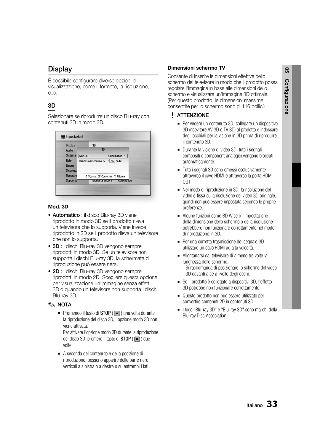 Samsung BD-C8900/XEF manual Display, Mod D, Dimensioni schermo TV 