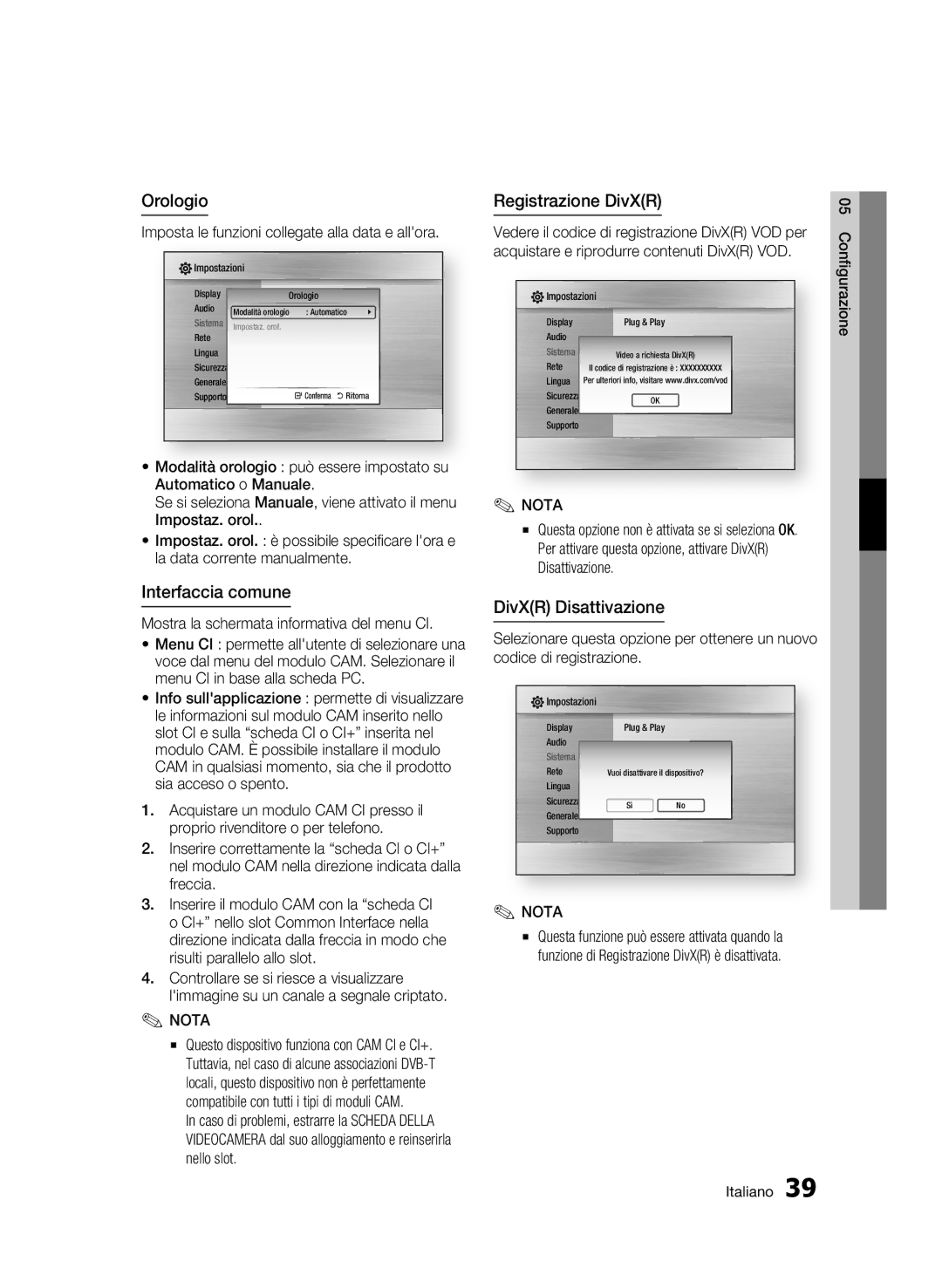 Samsung BD-C8900/XEF manual Orologio, Interfaccia comune, Registrazione DivXR, DivXR Disattivazione 